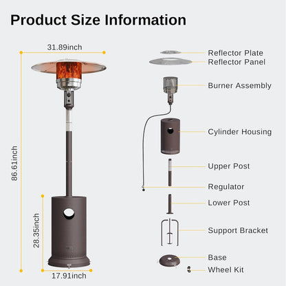 EAST OAK 48,000 BTU Patio Heater Outdoor Propane Heaters with Wheels Portable for Home Commercial Use, Wheels, Coffee