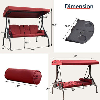 NOBLEMOOD 3-Seat Patio Porch Swing with Adjustable Canopy, Thickened Cushion & Foldable Tray, Red