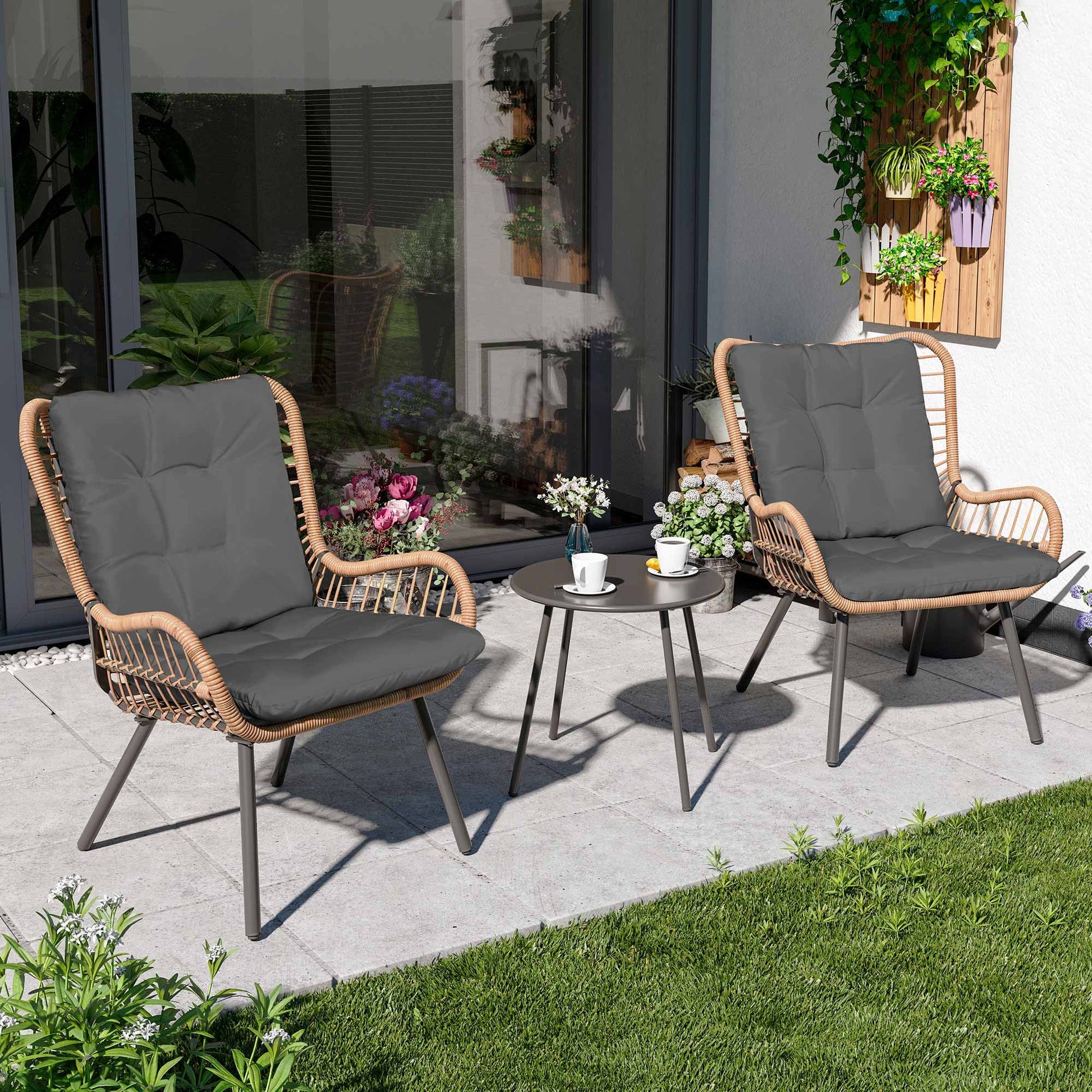 LAUSAINT HOME 3-Piece Patio Furniture Set, High Back Outdoor Bistro with Coffee Table & Beige Cushions for Garden or Deck