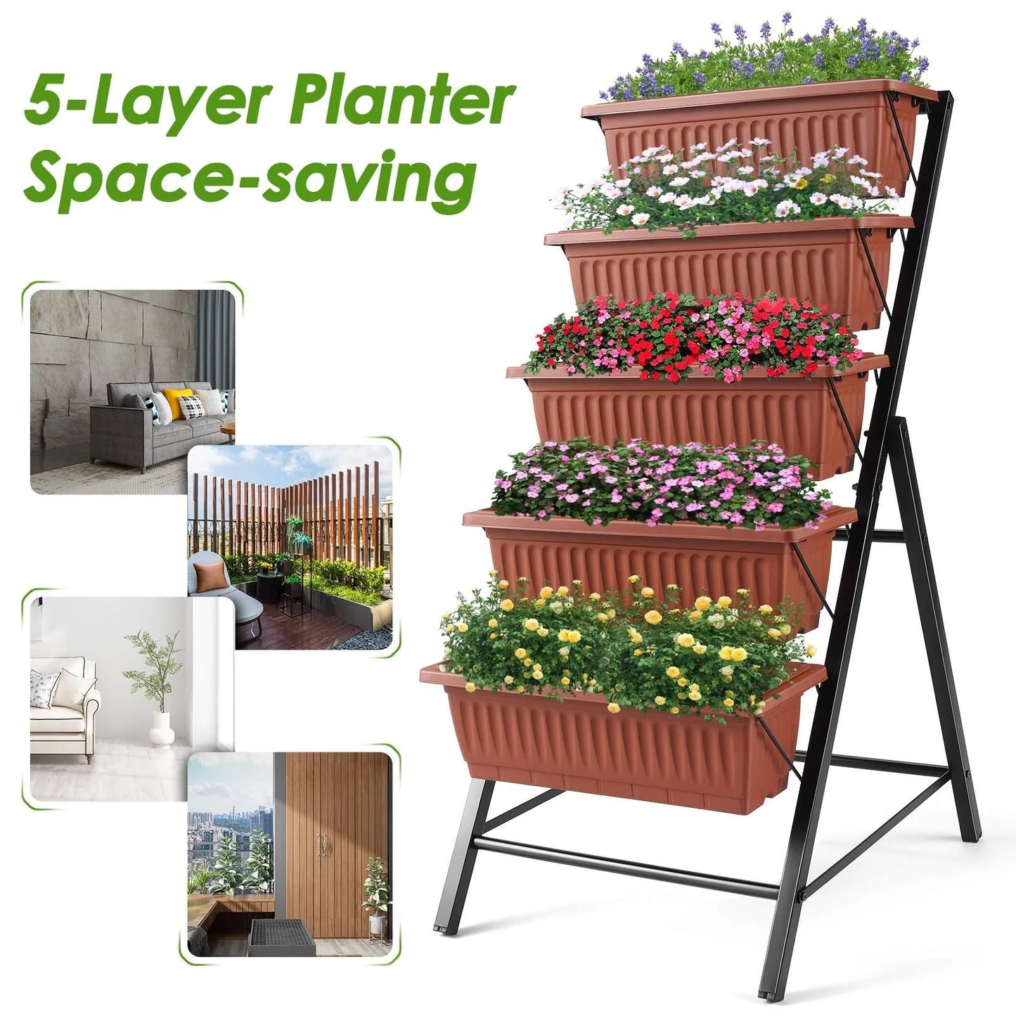 VIBESPARK 4Ft Planter Box 5-Tiers Vertical Raised Garden Bed with Drain for Patio Vegetables, Flowers Herb, 26" x 22.75" x 44.75"