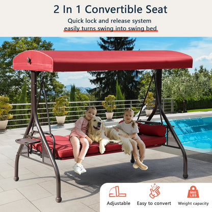 NOBLEMOOD 3-Seat Patio Porch Swing with Adjustable Canopy, Thickened Cushion & Foldable Tray, Red