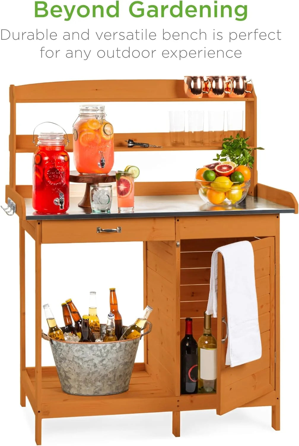 YUONAO Outdoor Garden Wooden Potting Bench with Metal Table Top, Pre-Stained Finish, Cabinet & Sliding Drawer - Storage Shelf for Backyard, Patio, Garden Use