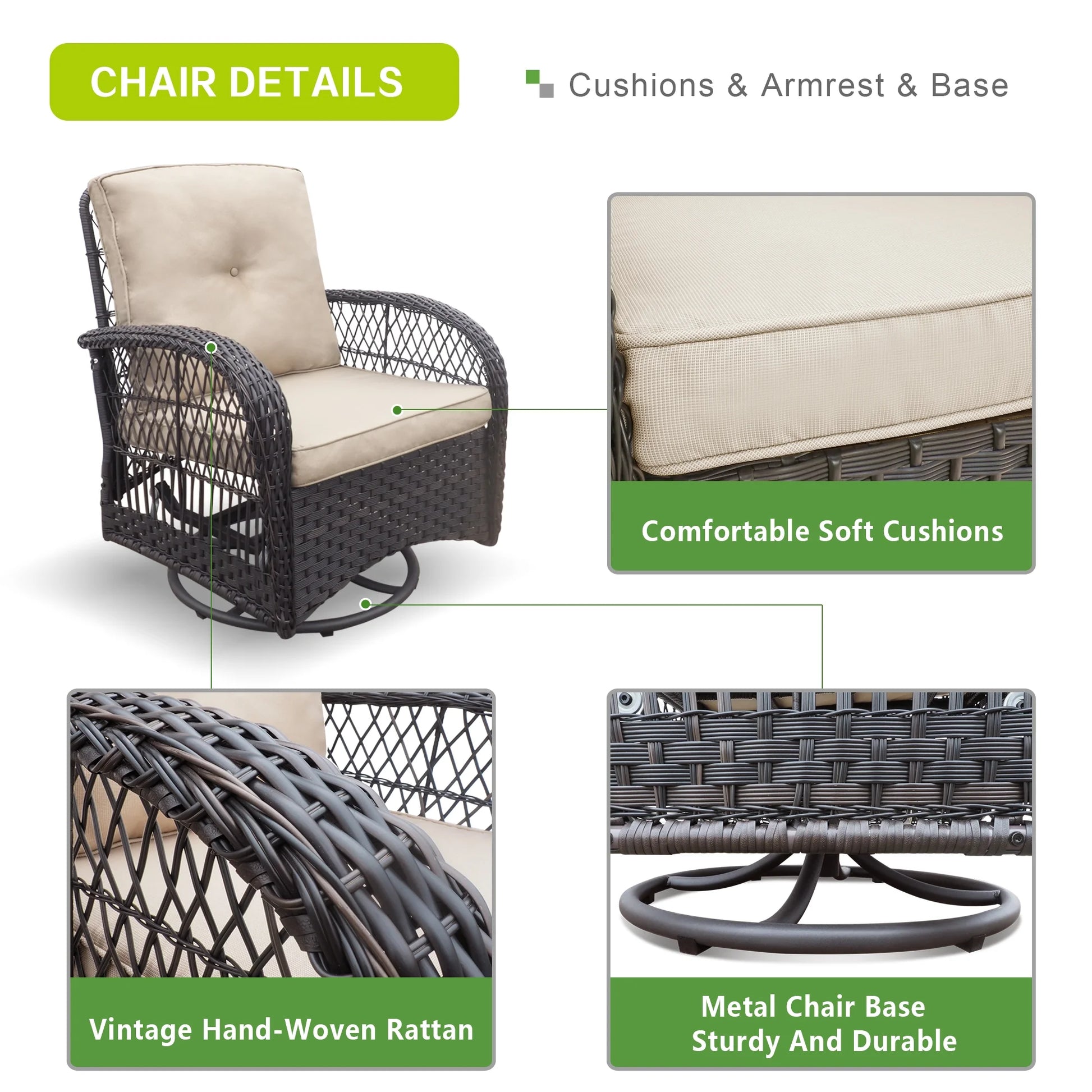 ATR ART to REAL Patio Swivel Wicker Chairs,Rattan Rocker Chairs with Side Table,Khaki