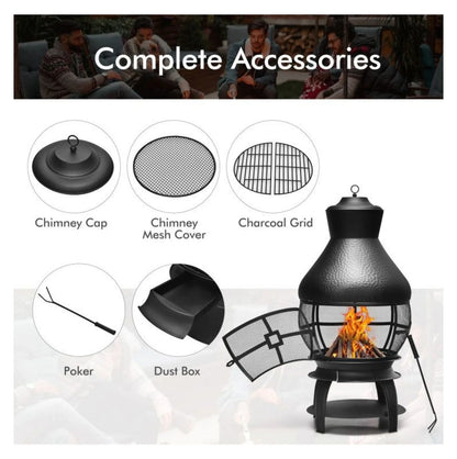 Wood Burning Chimenea Fireplace - Outdoor Patio Fire Pit, Black, 20"x20"x43.5", Iron Construction, Portable Fireplace for Garden, Backyard, Courtyard
