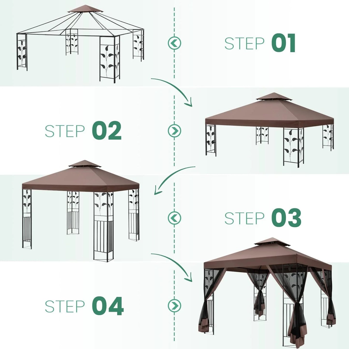 COBIZI Pop-up Gazebo, 10' x 13' Outdoor Steel Double Roof Canopy, Metal Frame Pavilion with Mosquito Netting, Sunshade for Garden, Patio, Lawns, Brown