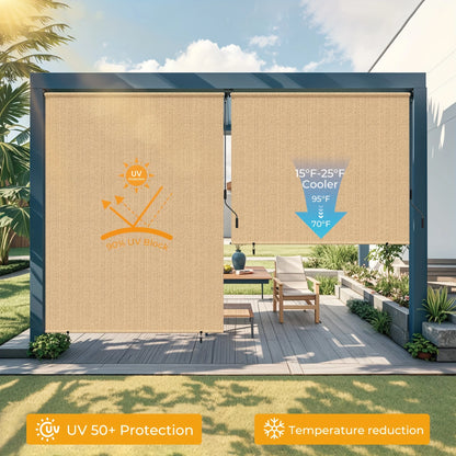 Outdoor Roller Shades - Waterproof Cordless Sun Shade for Patio, Porch & Pergola - 6'x6' & 8'x6' in Mocha/Khaki