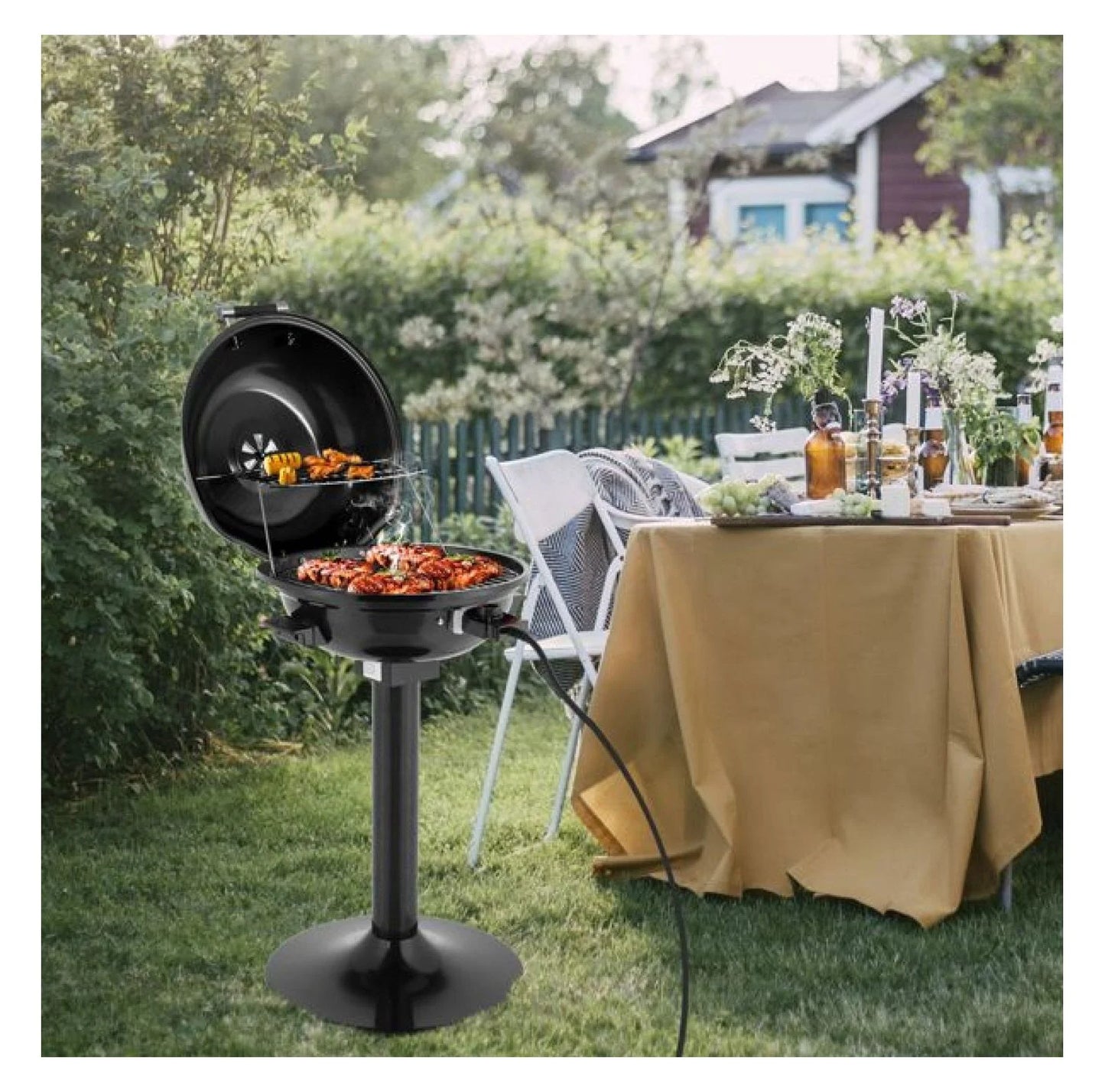 Electric BBQ Grill with Stand - 1600W Indoor/Outdoor Portable Grill, Double Layer, Adjustable Temp Control, Black - Perfect for Apartment & Patio
