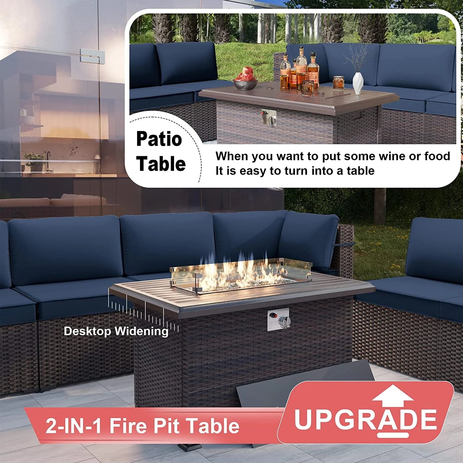 Kullavik 13 Pieces Outdoor Patio Furniture Set with Fire Pit Table Outdoor PE Rattan Wicker sectional Sofa Set,Patio Conversation Set with Coffee Table,Navy Blue