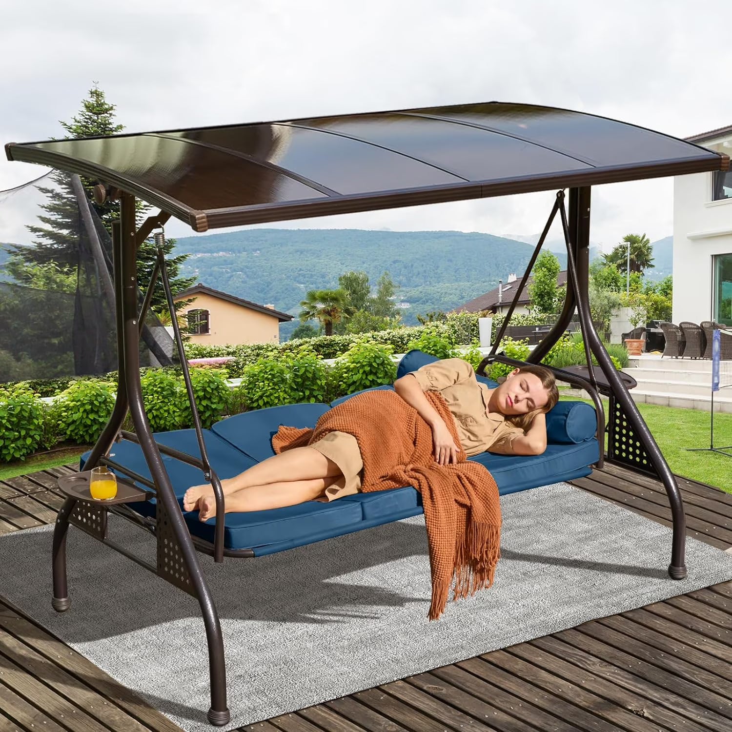 3-Seat Patio Porch Swing with Adjustable Hardtop,3 in 1 Convertible Outdoor Porch Swing for Adults,Patio Swing with Thicken Cushion,Pillows & Cup Holders for Porch,Backyard,Garden (Blue)