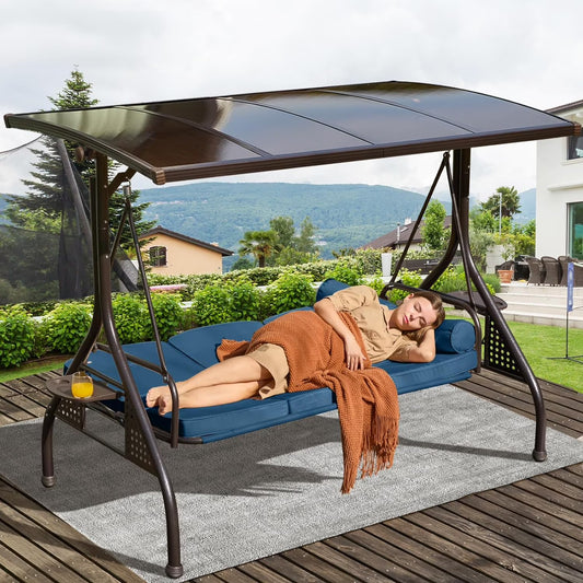 3-Seat Patio Porch Swing with Adjustable Hardtop,3 in 1 Convertible Outdoor Porch Swing for Adults,Patio Swing with Thicken Cushion,Pillows & Cup Holders for Porch,Backyard,Garden (Blue)