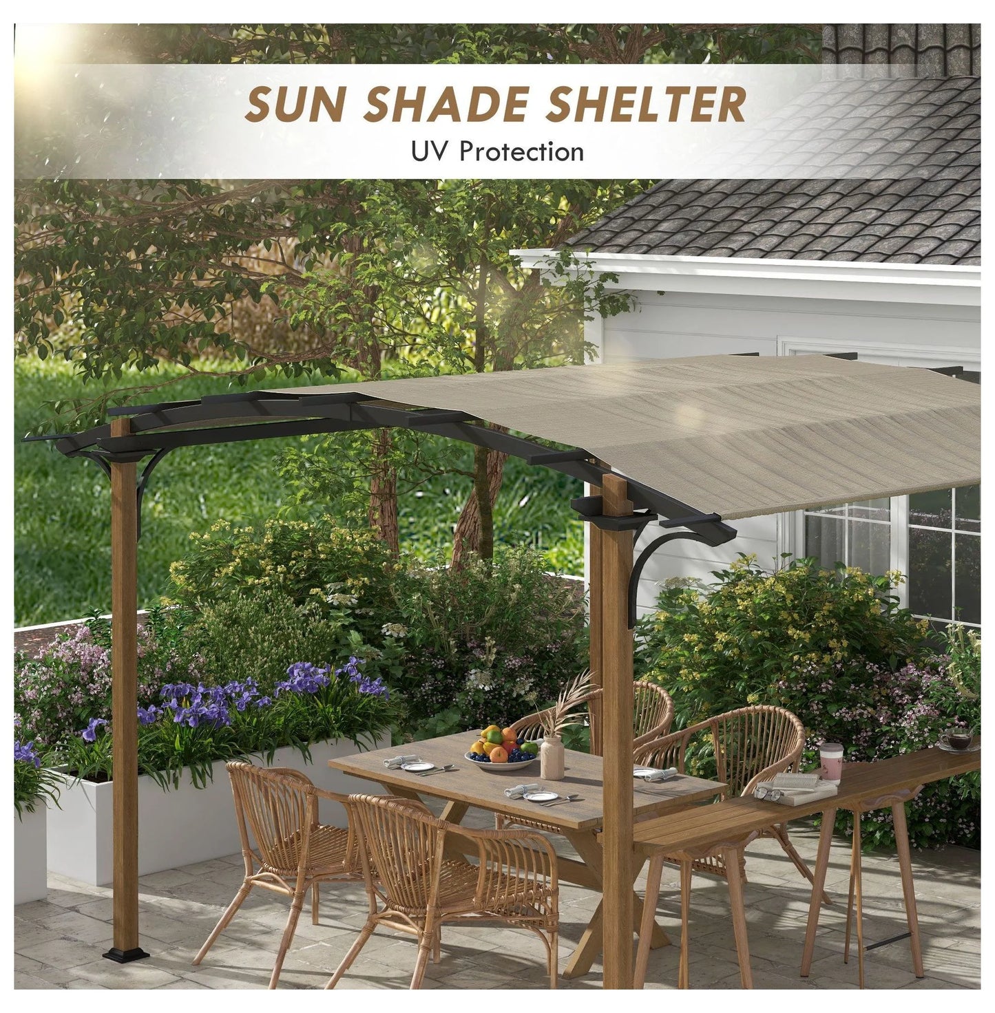 Outdoor Pergola with Bar, 12x10 ft Aluminum Metal Patio Canopy, Sun Shade for Backyard, Garden, Deck, Beige
