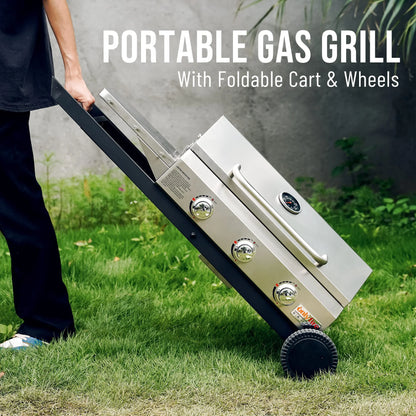 Hitechluxe 3-Burner Propane Gas Grill with Foldable Cart, Lid & Side Table for Outdoor Patio Backyard Barbecue Camping Tailgating RV Trip, Stainless Steel