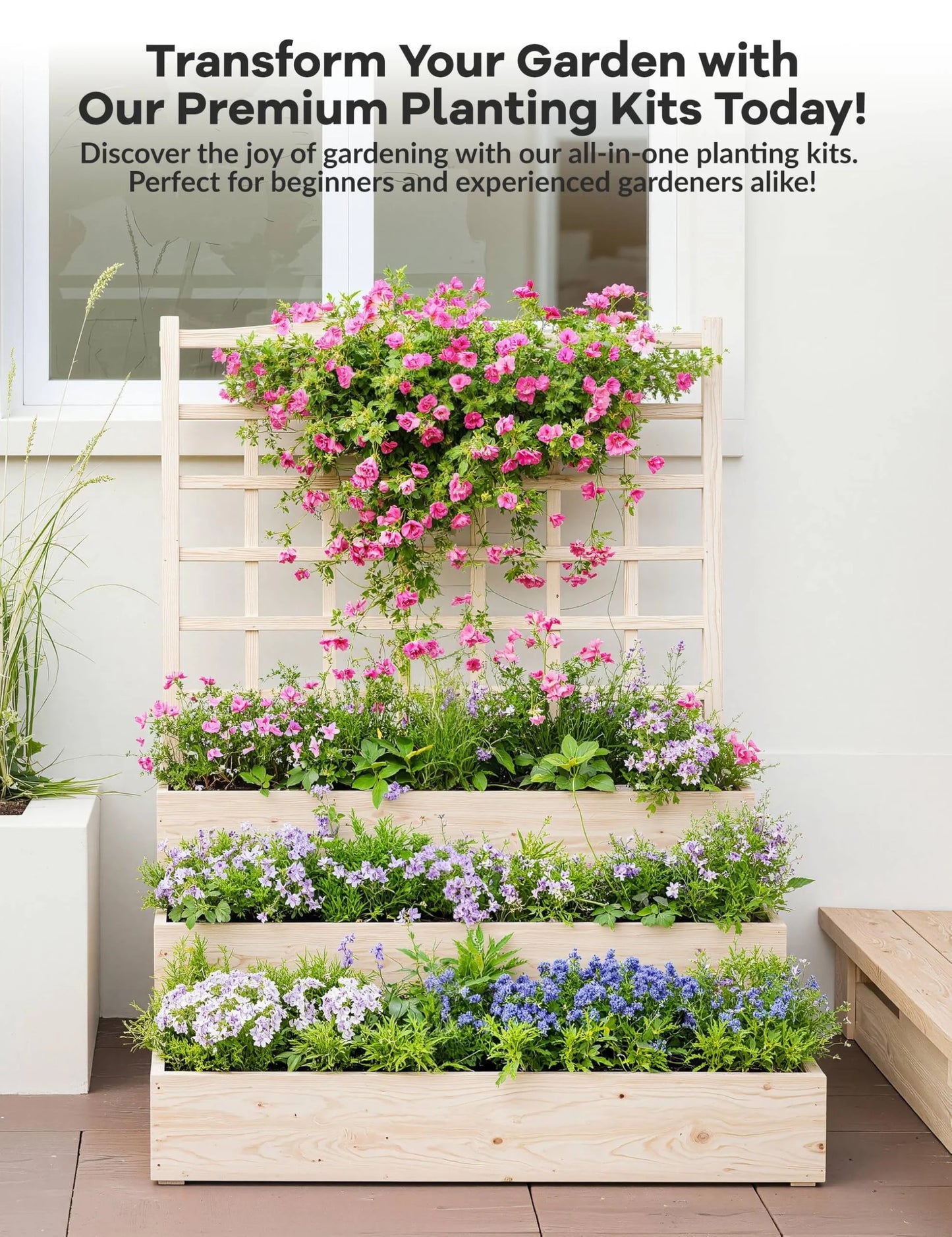 Riedhoff 3-Tier Wooden Raised Garden Bed with Trellis - Vertical Planter Box for Patio,Backyard