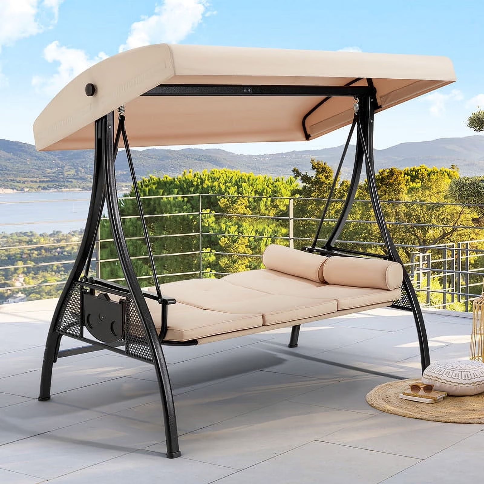 Homrest 3 Person Patio Outdoor Porch Swing with Adjustable Canopy, Backrest, Swing Bed with Stand for Garden,Deck