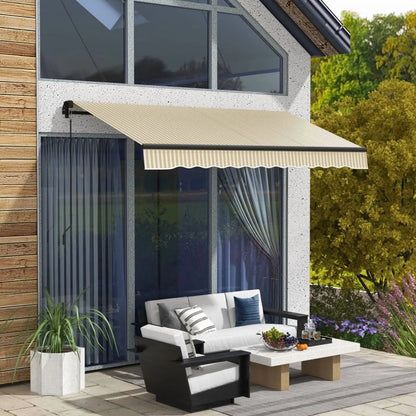 Outsunny 12' x 10' Retractable Awning, Patio Awning Sunshade Shelter with Manual Crank Handle, 280gsm UV Resistant Fabric and Aluminum Frame for Deck, Balcony, Yard, Beige and White On-Site