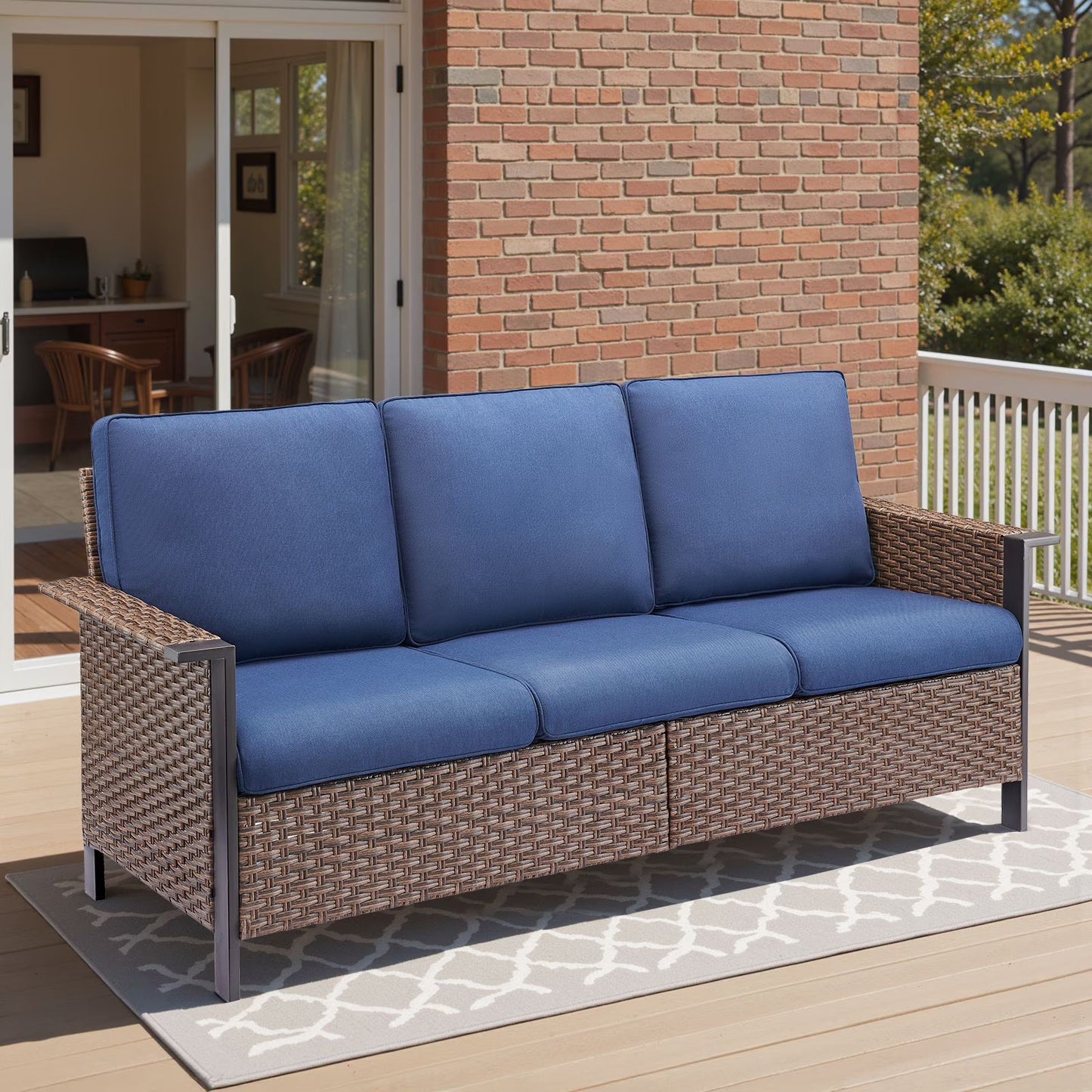 Opohoro 5-Piece Outdoor Conversation Set with Wide Armrest Patio Sofa, Ottomans and Swivel Rocking Chairs for Porch Garden