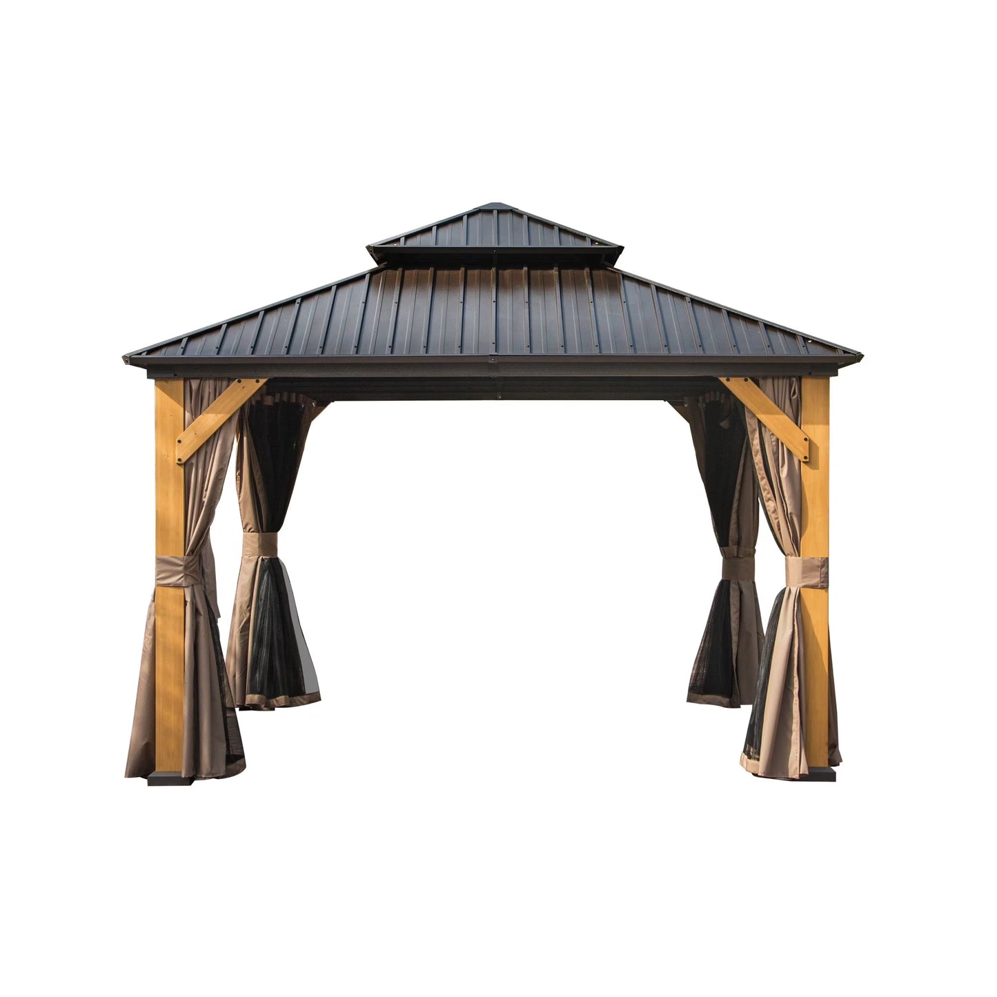 Mondawe 12'x20' Hardtop Gazebo, Outdoor Cedar Wood Frame Canopy with Galvanized Steel Double Roof, Outdoor Permanent Metal Pavilion with Curtains and Netting for Patio, Backyard and Lawn(Brown)