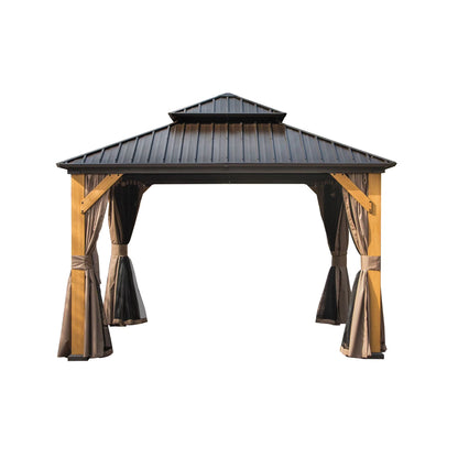 Mondawe 12'x20' Hardtop Gazebo, Outdoor Cedar Wood Frame Canopy with Galvanized Steel Double Roof, Outdoor Permanent Metal Pavilion with Curtains and Netting for Patio, Backyard and Lawn(Brown)