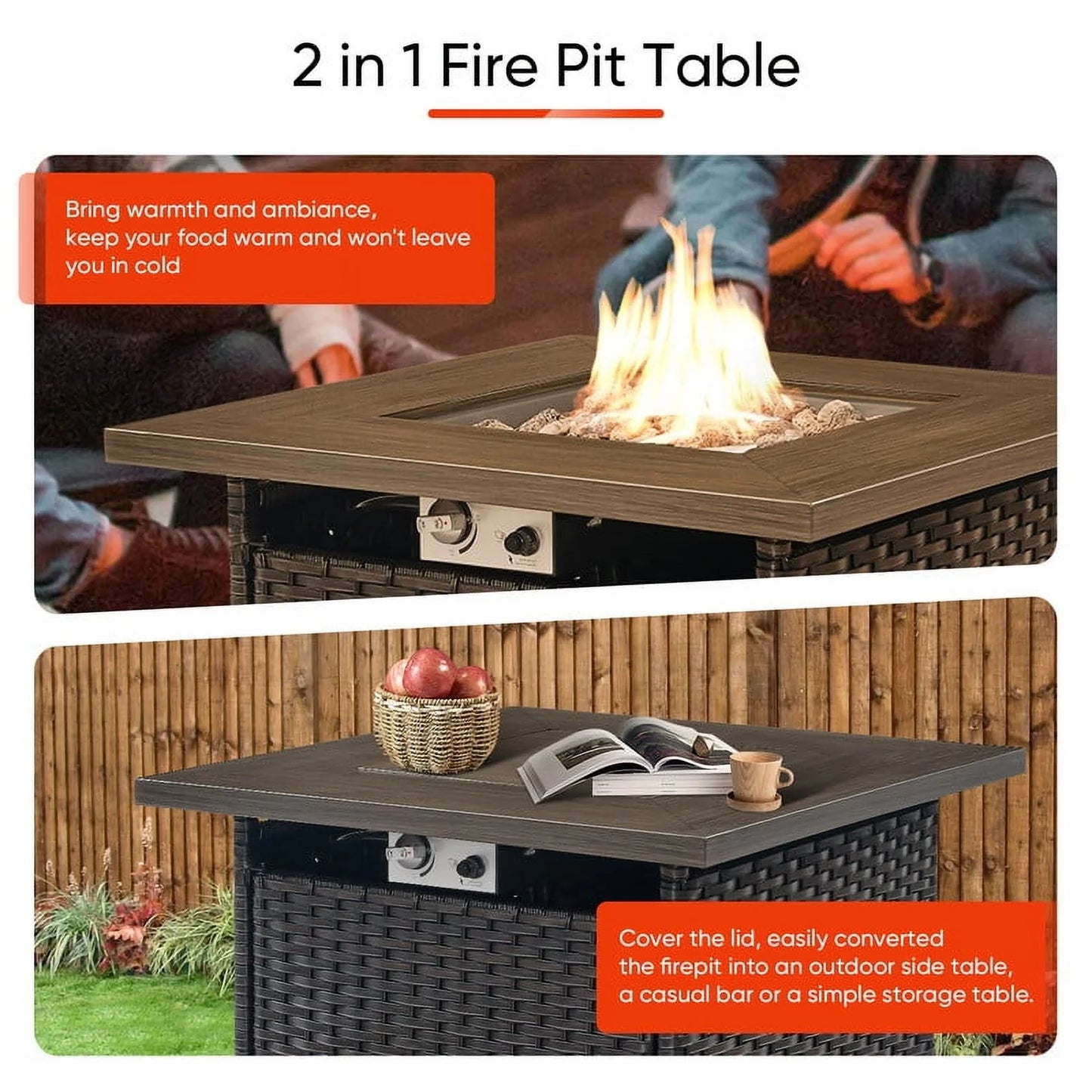 PARKWELL Outdoor Fire Pit 30" Square 50000 BTU Patio Propane Gas Fire Pit Table with Lava Rocks and Lid,Brown Wicker Firepit Faux Wood Tabletop