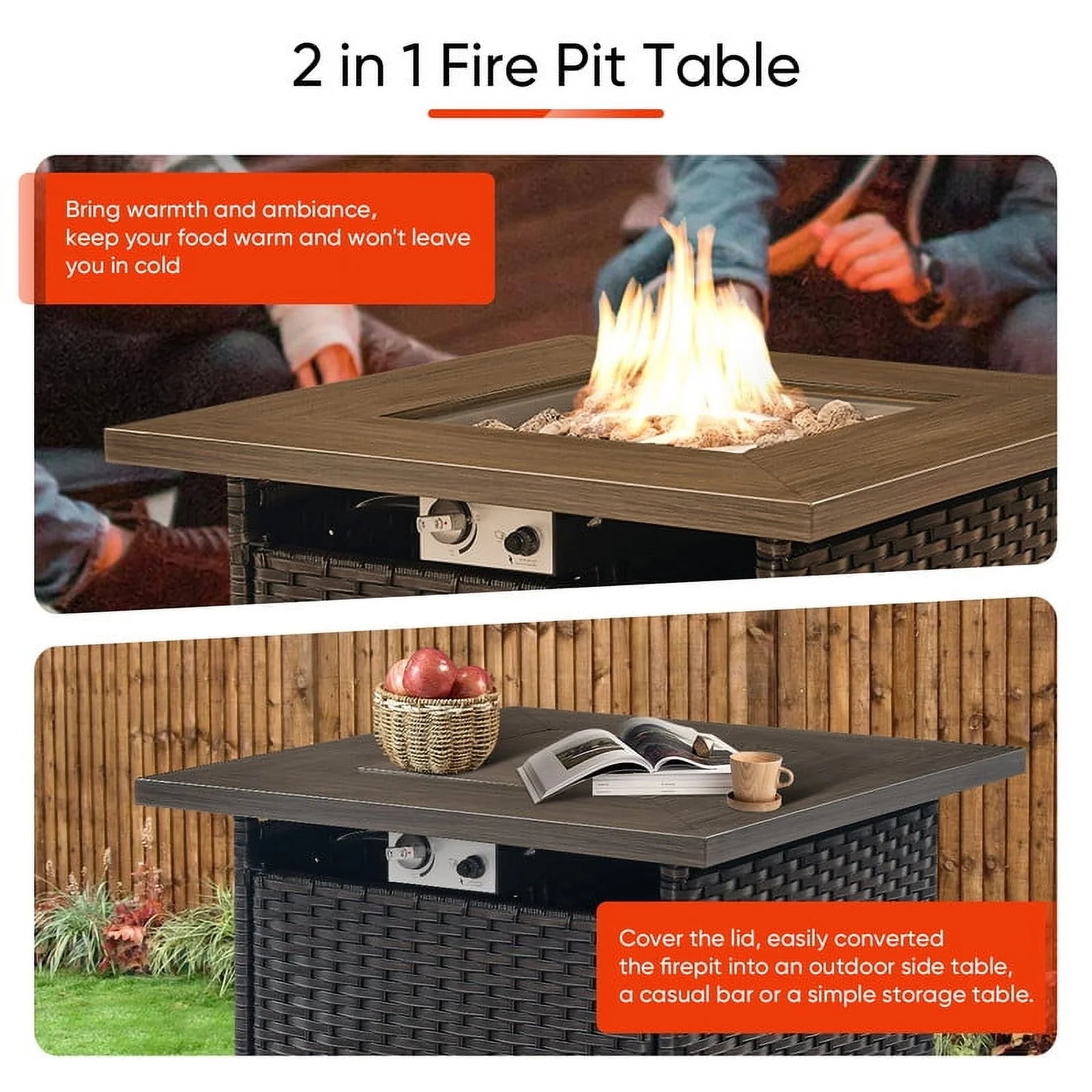 PARKWELL Outdoor Fire Pit 30" Square 50000 BTU Patio Propane Gas Fire Pit Table with Lava Rocks and Lid,Brown Wicker Firepit Faux Wood Tabletop