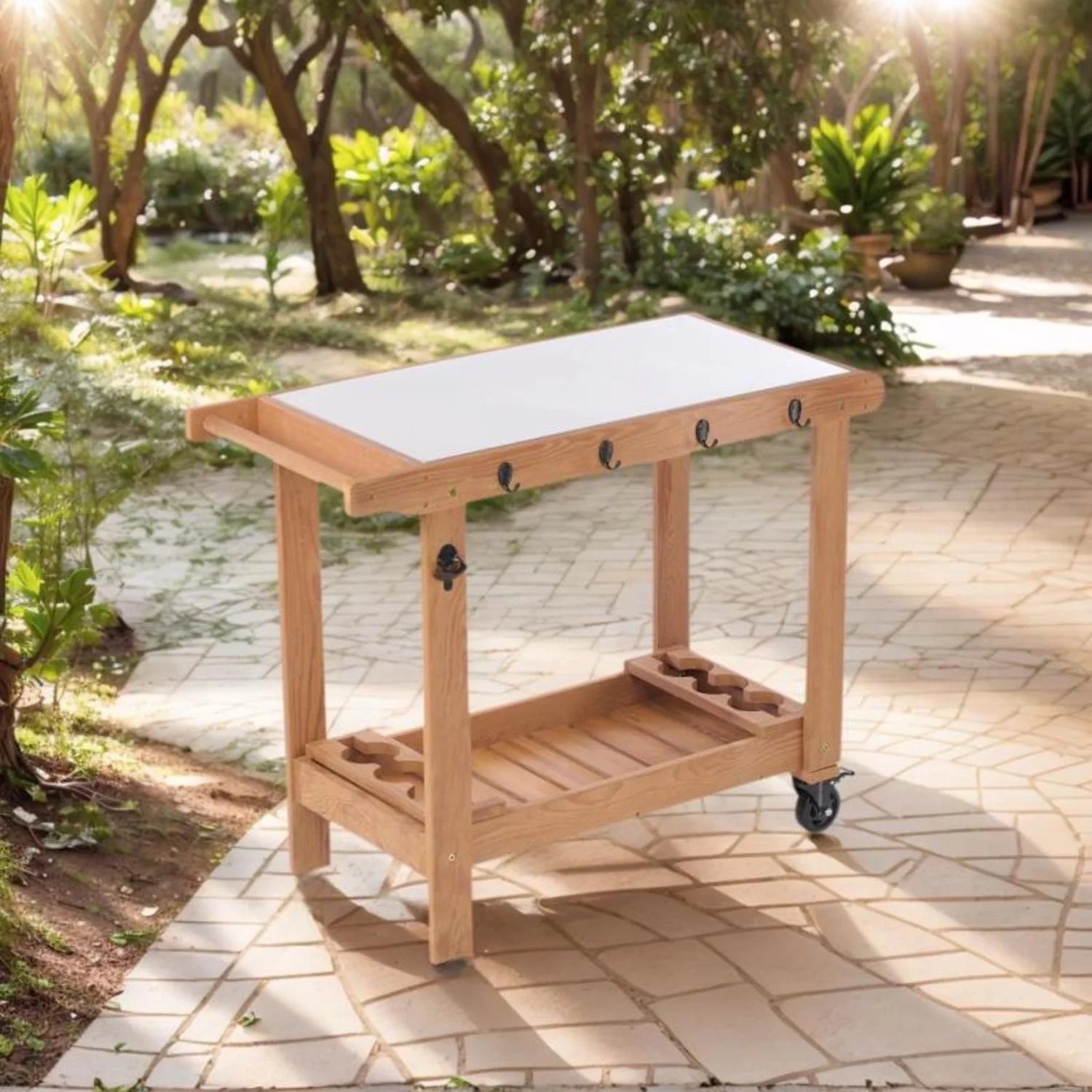 Outdoor Wooden Cart Table With Wheels Metal Top And Storage Hook For Patio Backyard Garden Offering Both Charm And Heat Resistance