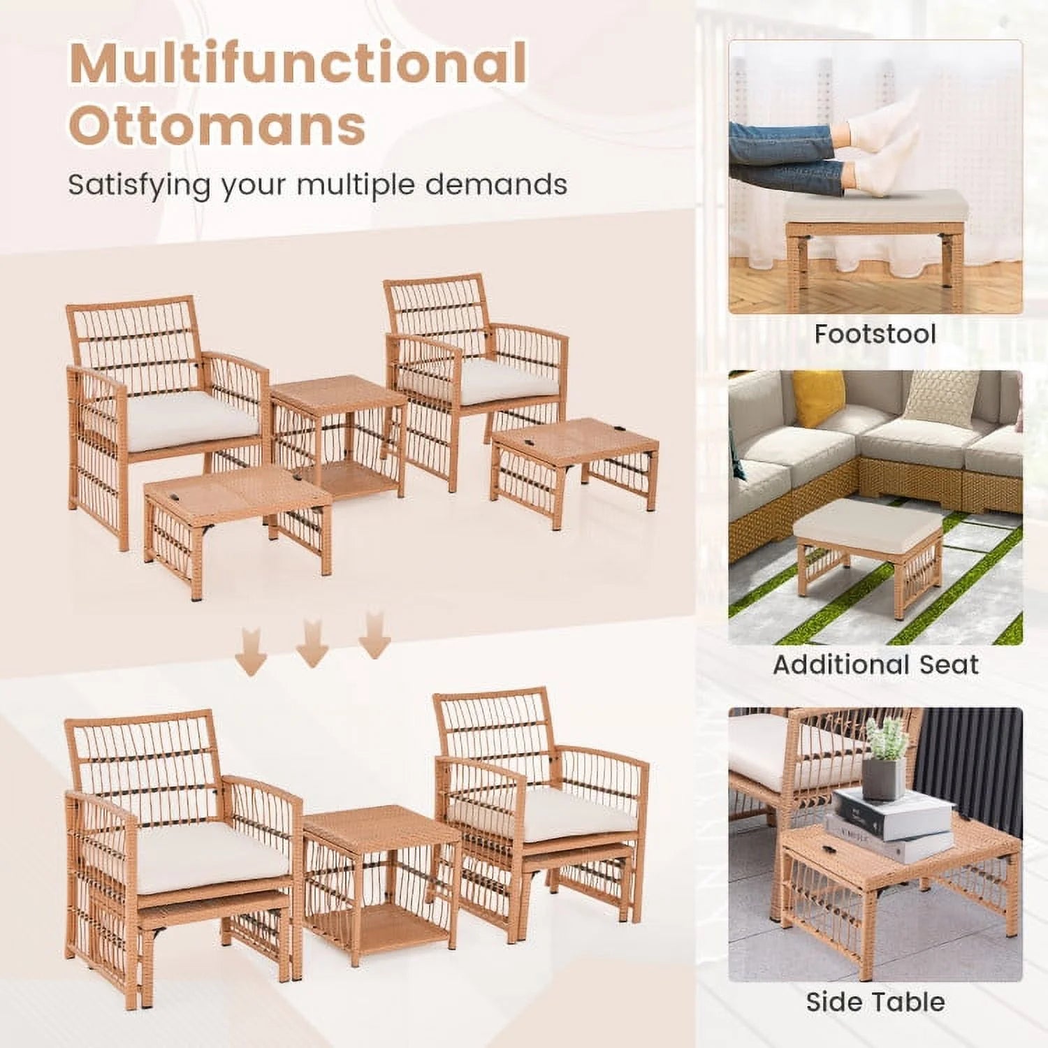 Resenkos 5 Piece Patio Wicker Sofa Set, Small Patio Conversation Furniture Set with Seat and Back Cushions-Natural