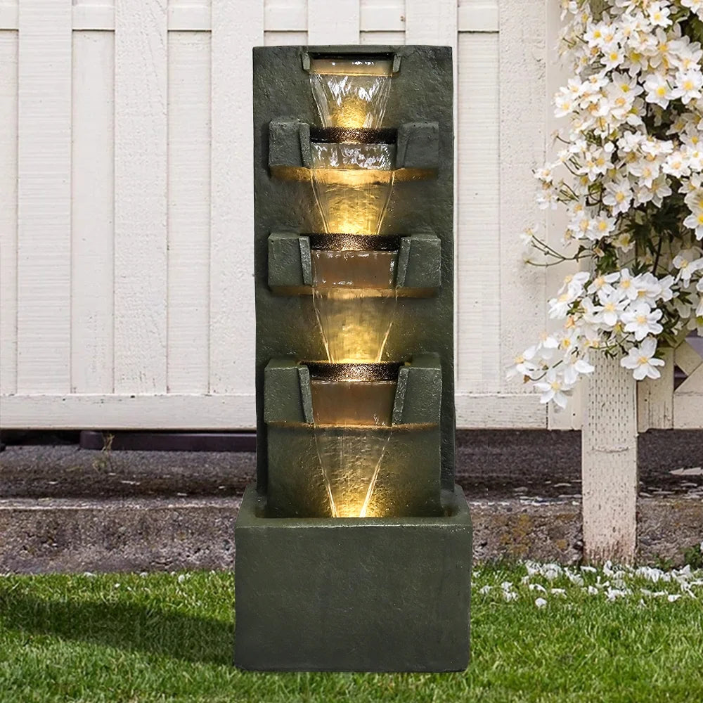 39.3-in High Floor Waterfall Fountain with LED Lights 5-Tier Water Fountain Outdoor Indoor Fiber Reinforced Concrete Fountain for Modern Patio Decor Garden, House, Office, Garden, Home Art Decor