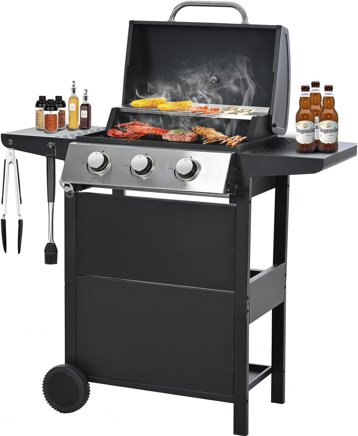 Highsound 3 Burner BBQ Propane Gas Grill, Stainless Steel 25650 BTU Patio Garden Barbecue Grill with Thermometer, Black
