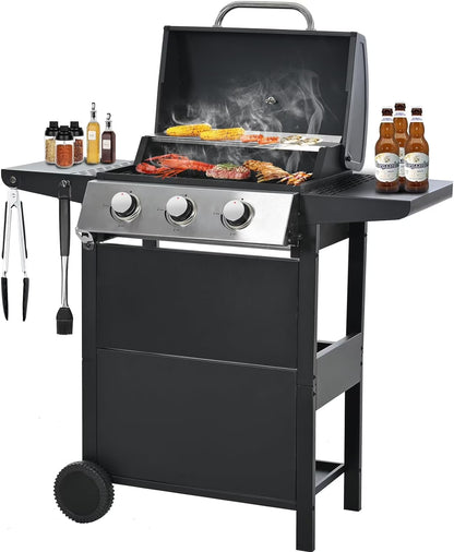 Highsound 3 Burner BBQ Propane Gas Grill, Stainless Steel 25650 BTU Patio Garden Barbecue Grill with Thermometer, Black