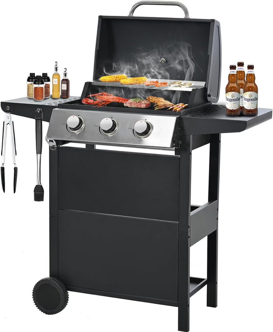 Highsound 3 Burner BBQ Propane Gas Grill, Stainless Steel 25650 BTU Patio Garden Barbecue Grill with Thermometer, Black