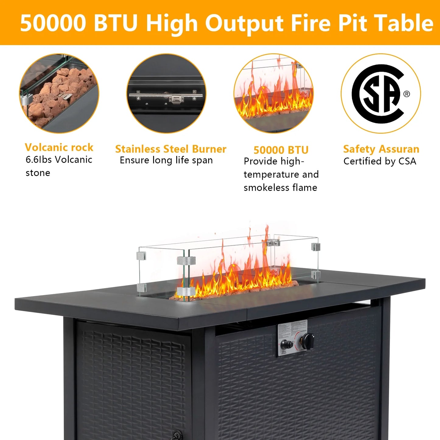 UBesGoo 43" Patio Gas Fire Pit Table, 50,000 BTU Auto-Ignition Fire Tables with Lid, Rain Cover for Outside Garden Backyard Deck Patio Black