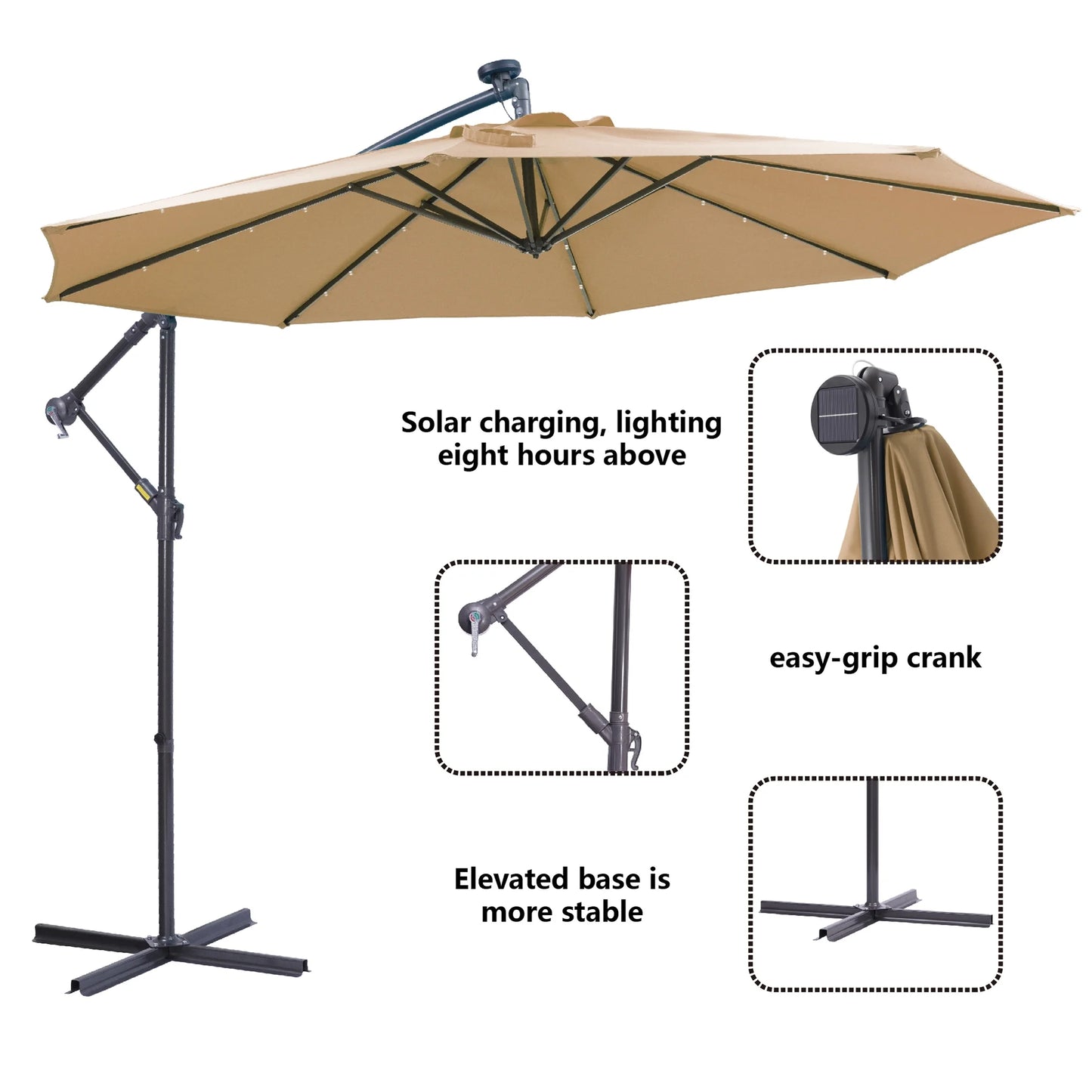 DUOSONG 10 Ft Solar Led Patio Outdoor Umbrella Hanging Cantilever Umbrella Offset Umbrella Easy Open Adustment With 32 Led Lights -Taupe taupe Metal Garden & Outdoor Canopies & Gazebos Umbrellas &