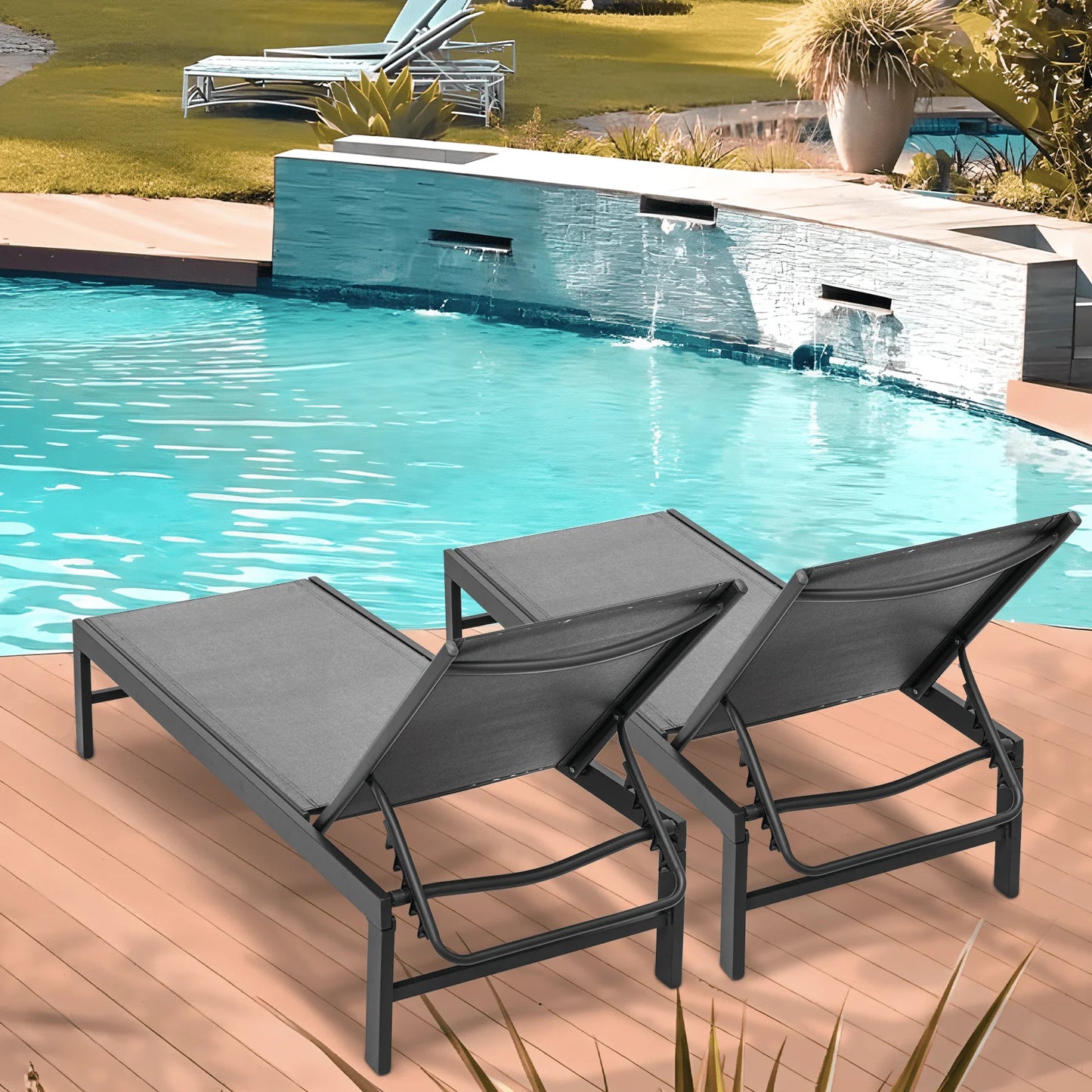 Magshion Set of 2 Patio Lounge Chairs with Adjustable Backrest, Pool Recliner Outdoor Chaise with Aluminum Frame for Beach Backyard Garden, Grey