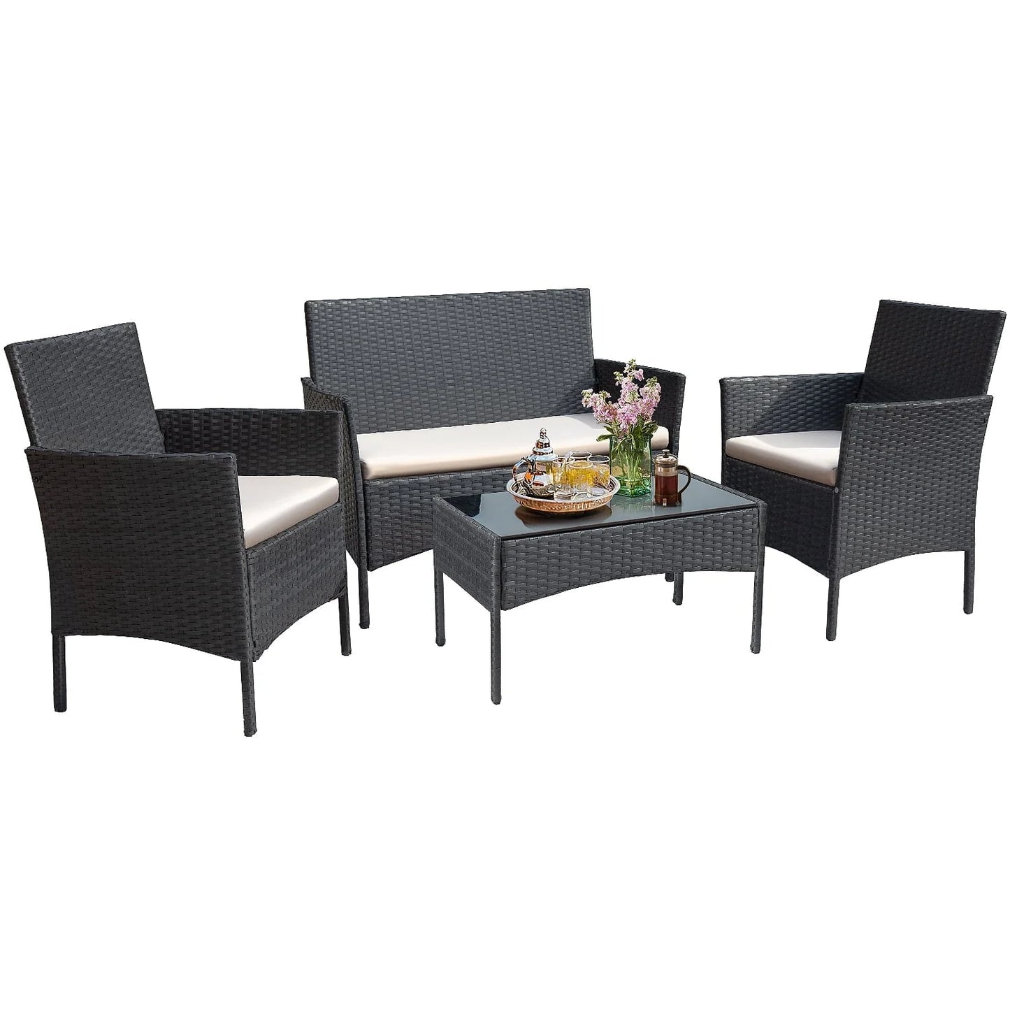 Lacoo 4 Piece Outdoor Patio Furniture PE Rattan Wicker Table and Chairs Set, Beige