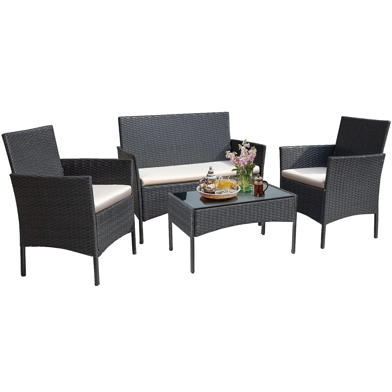Lacoo 4 Piece Outdoor Patio Furniture PE Rattan Wicker Table and Chairs Set, Beige