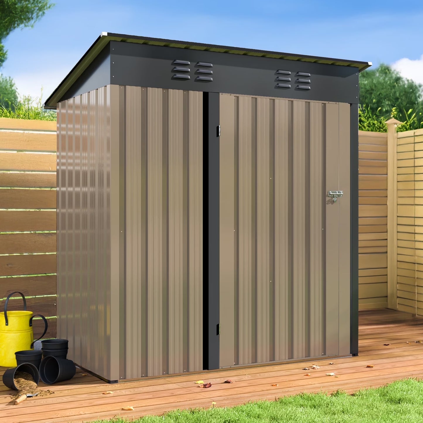 NETAJE 5'x3' Outdoor Metal Storage Shed with Updated Frame Structure and Lockable Doors for Backyard Garden Patio Lawn, Brown