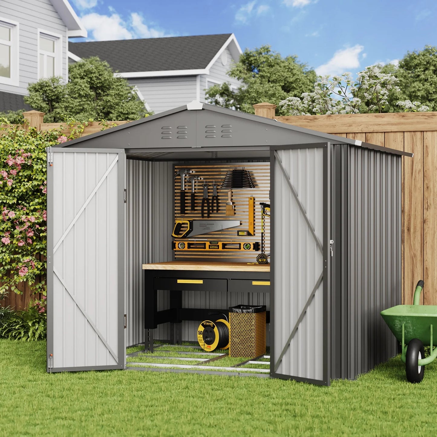Asofer Outdoor Storage Shed 8 x 6 FT, Galvanized Metal Garden Shed with Double Lockable Doors for Backyard Patio Lawn-Green