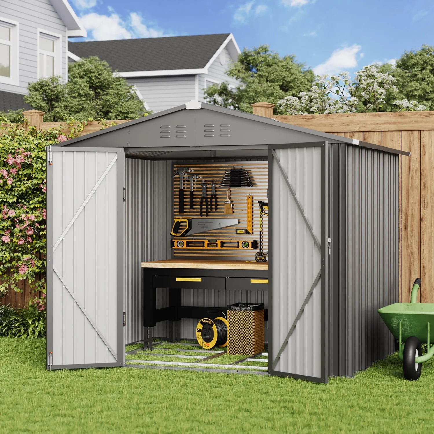 Asofer Outdoor Storage Shed 8 x 6 FT, Galvanized Metal Garden Shed with Double Lockable Doors for Backyard Patio Lawn-Green