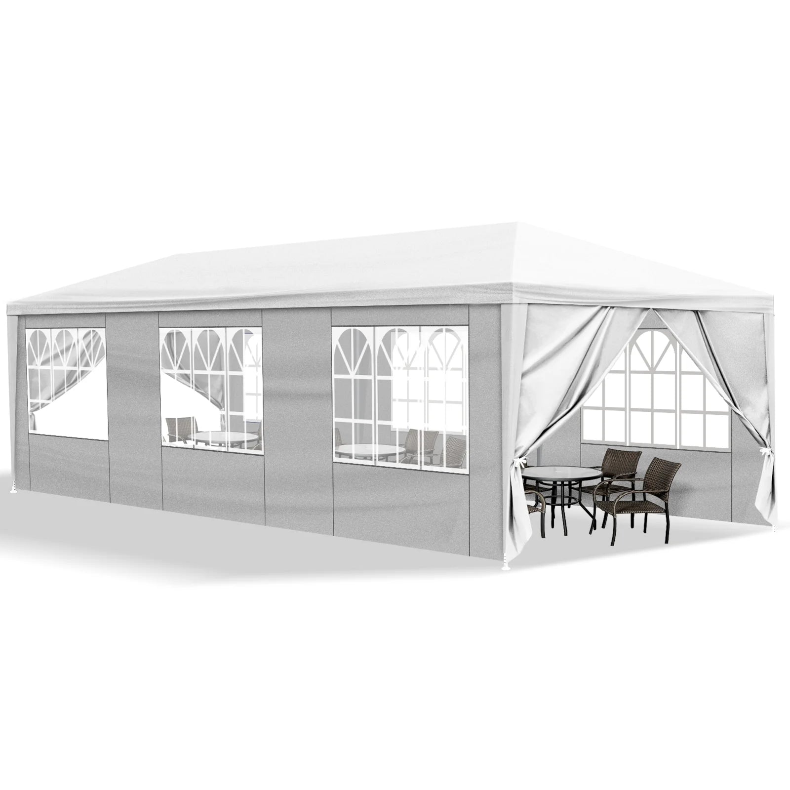 10'x30' White Outdoor Party Tent Gazebo - Waterproof PE Canopy with 8 Removable Sidewalls & Windows, Heavy Duty Iron Frame for Weddings, Events, Patios & Backyards