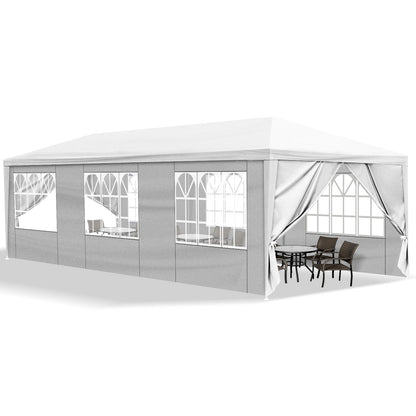 10'x30' White Outdoor Party Tent Gazebo - Waterproof PE Canopy with 8 Removable Sidewalls & Windows, Heavy Duty Iron Frame for Weddings, Events, Patios & Backyards