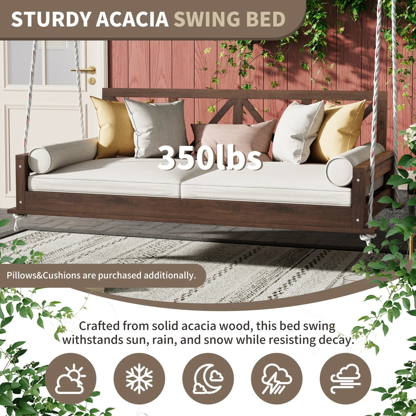 Wood Twin Size Patio Swing Bed, Modern Porch Swing Hanging Daybed with 16.4ft Hemp Ropes, Comfortable Porch Swing Bed for Relaxing on Patio, Porch, Backyard and Garden Spaces, White