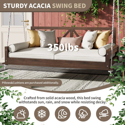 Wood Twin Size Patio Swing Bed, Modern Porch Swing Hanging Daybed with 16.4ft Hemp Ropes, Comfortable Porch Swing Bed for Relaxing on Patio, Porch, Backyard and Garden Spaces, White