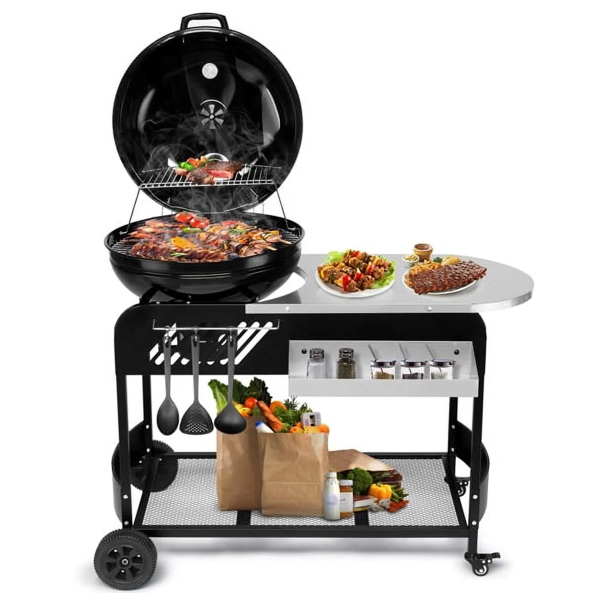 Clearance Enyopro Charcoal Grill! Portable BBQ Charcoal Grill with Porcelain-Enameled Lid and Thermometer for patio, pool, Backyard and camping