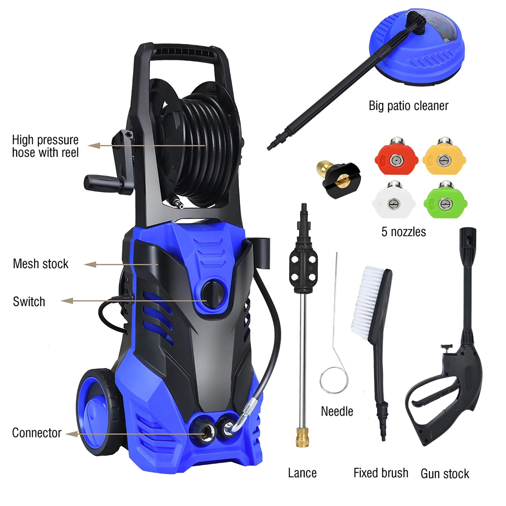 Costway 3000PSI Electric High Pressure Washer Machine 2 GPM 2000W w/Deck Patio Cleaner Blue