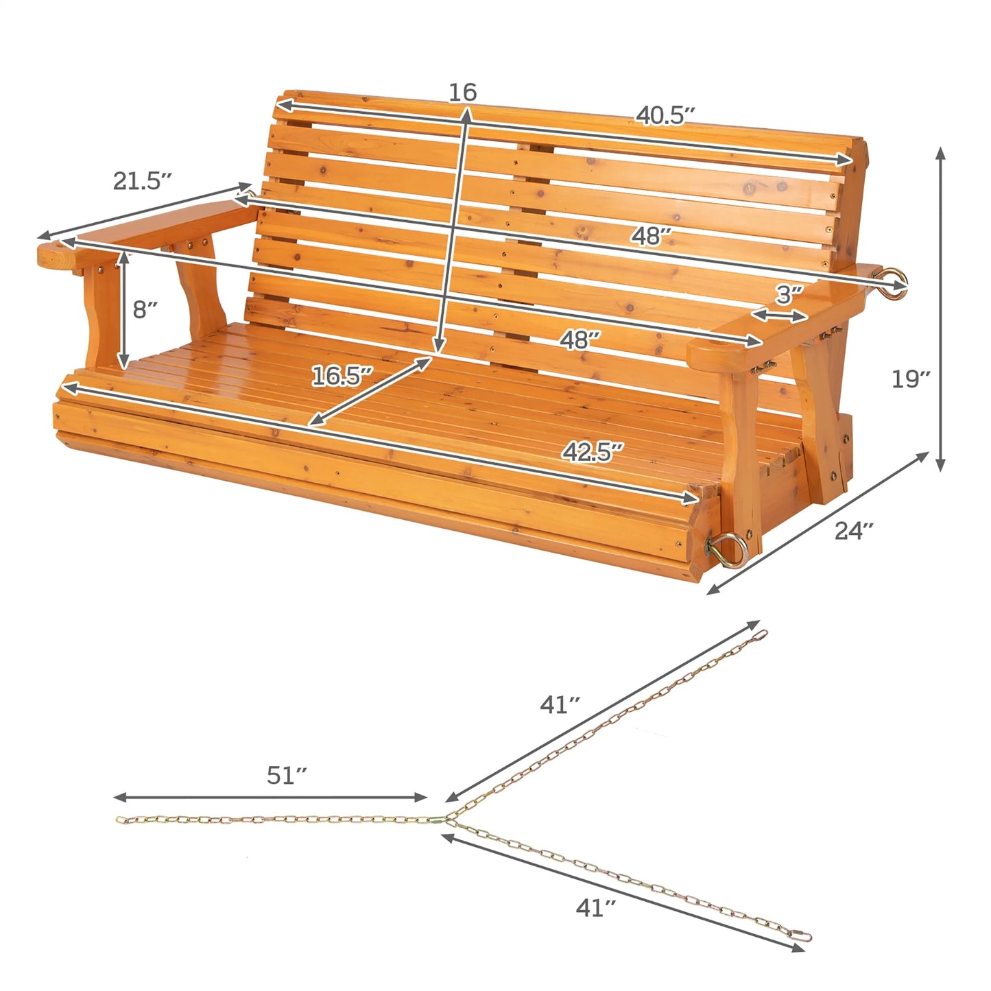 Costway Porch Swing Wood Outdoor Patio Hanging Bench Chair for Garden Backyard orange