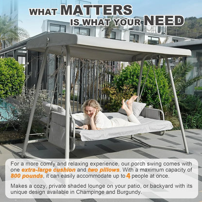CHINNLUU Oversized 4 Person Porch Swing with Stand 800 LBS Capacity Adjustable Canopy Backrest Includes Cushions Pillows Patio 2 in 1 Swing Bed for Backyard Garden Poolside, Champagne
