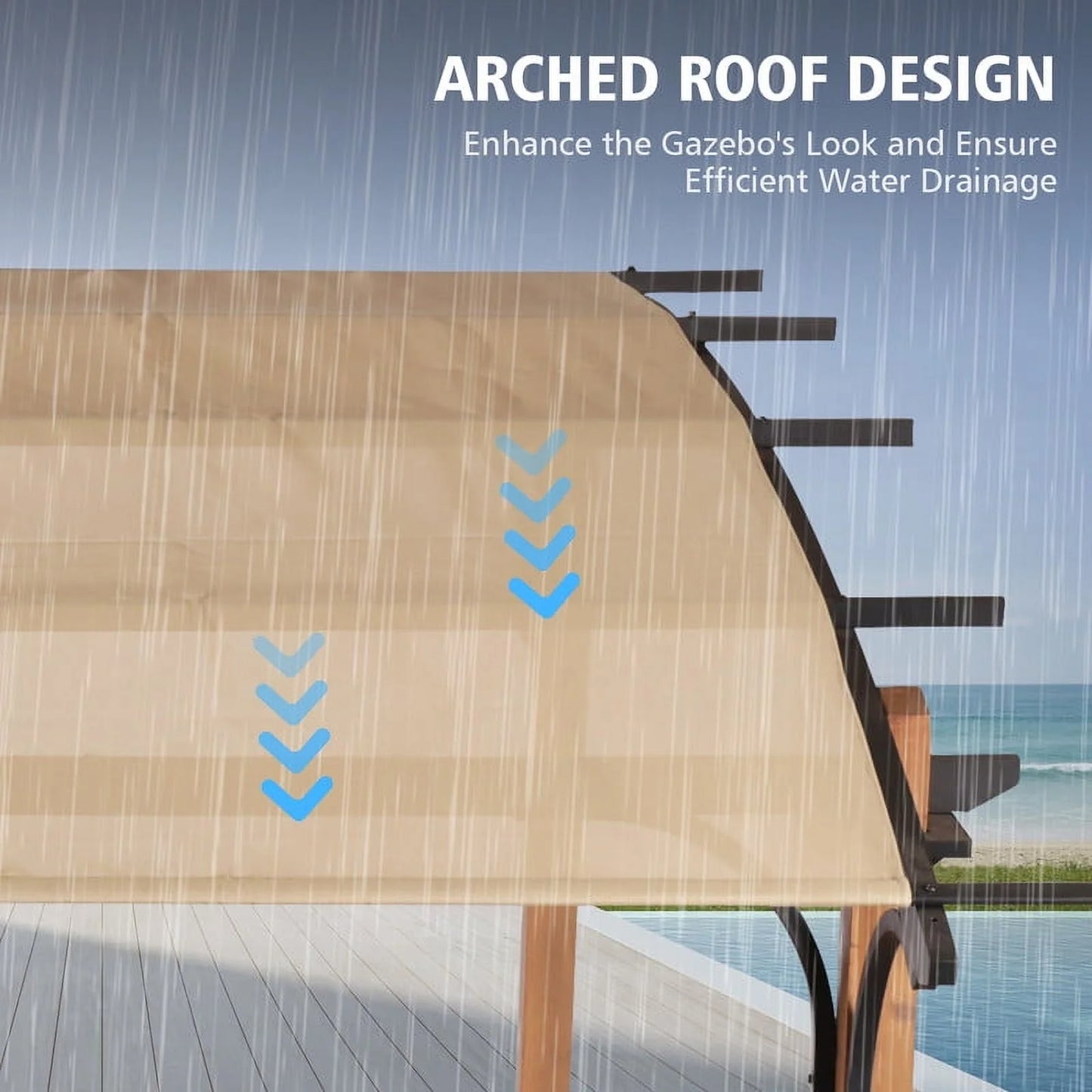 GAZEBETER 8.5 ft x 13 ft Outdoor Pergola with Arched Canopy,Natural Wood Looking Finish and Tan Shade for Backyard,Garden,Patio,Barbecue,Beige