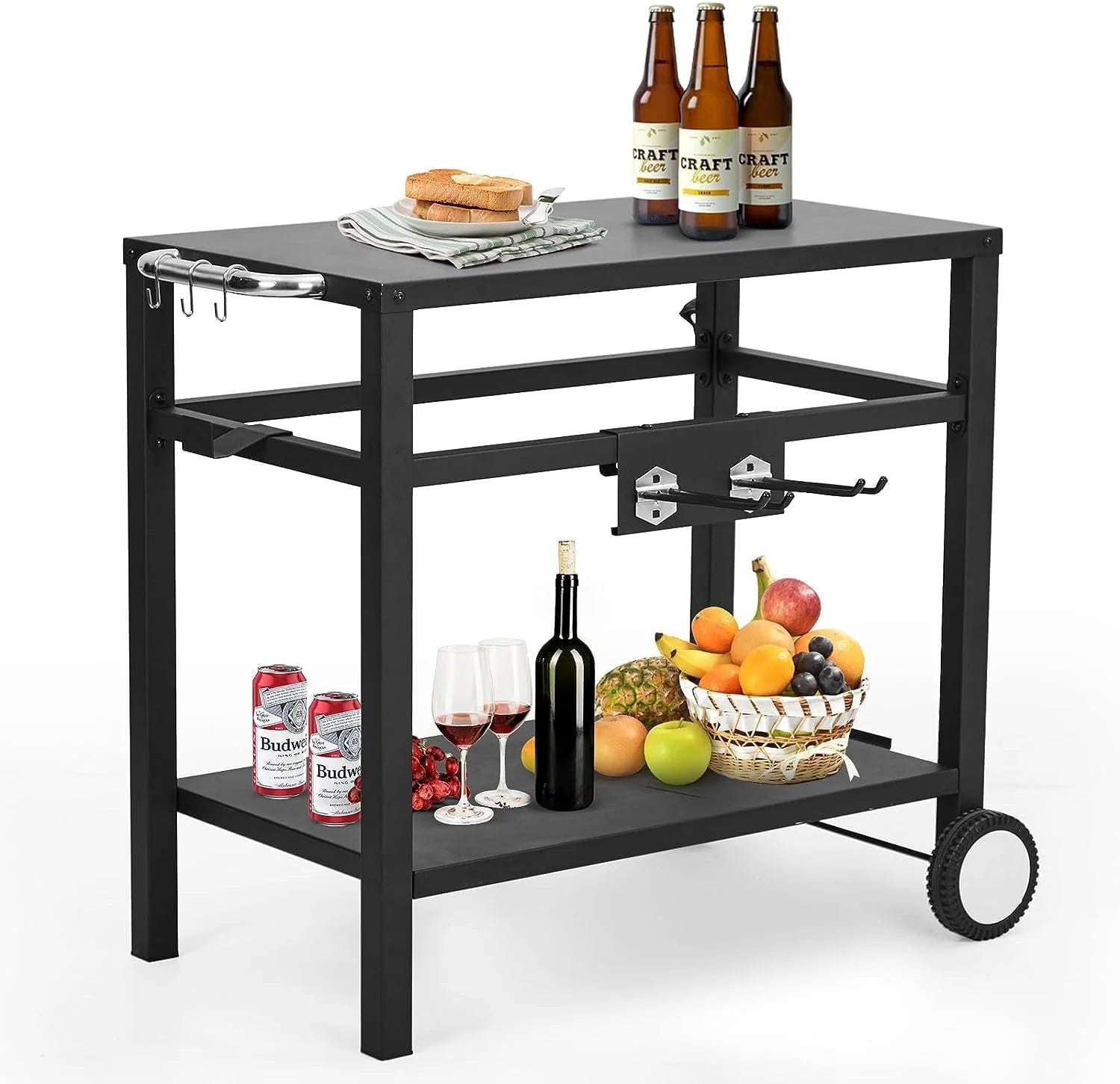WhizMax Black Grill Cart Pizza Oven Stand, BBQ Prep Table with Wheels & Hooks Outdoor, Side Handle, Double-Shelf Grilling Cart Tabletop Griddle Cooking Station for Bar, Patio, Camping, Home