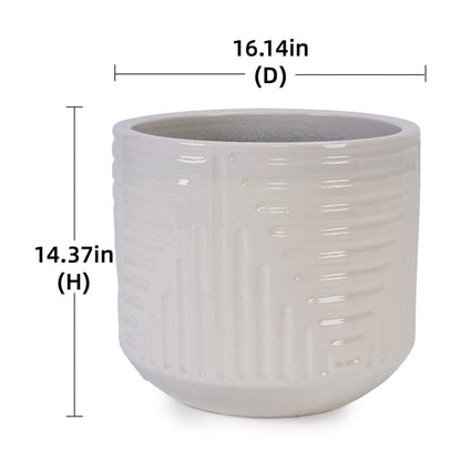 Modern Ceramic Flowerpot with Drainage Hole - Frost/Heat Resistant All-Weather Planter for Patio, Garden & Windowsill - White Glossy Finish, Ready-to-Use