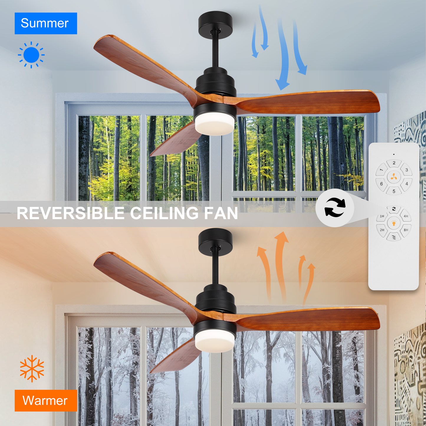 SITERGOFAN 52inch Ceiling Fan with Light,3 Blades Wood Modern Ceiling Fans with Remote Control for Outdoor/Indoor,Kitchen,BedRoom,Dining Room,Patio